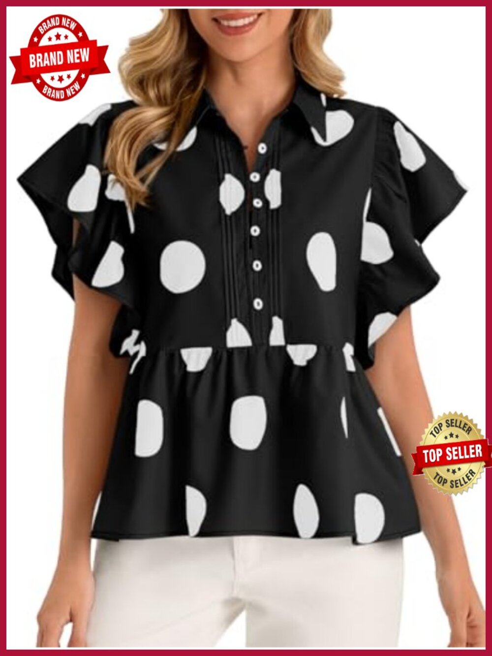 Polka Dot Babydoll Top Peplum Ruffle Cap Sleeve Blouse Casual Half Button Up